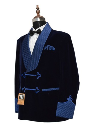 Men Blue Smoking Jacket Designer Wedding Party Wear Blazers - Picture 3 of 4
