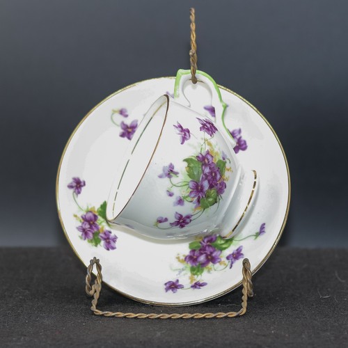 Salisbury White Bone China Violets w/green handle Gilt Teacup and Saucer Set