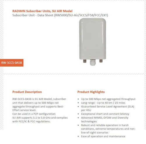 RADWIN 5000 New RW-5CC5-0A58 5GHz Connectorized SU-Air ODU, 500Mbps ...