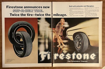 1969 Firestone Sup-r-belt Tire Pretty Girl 2-Page Vintage Print Ad