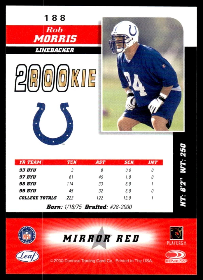 2000 Leaf Certified Mirror Red Rob Morris Indianapolis Colts #188 - Image 2 of 2