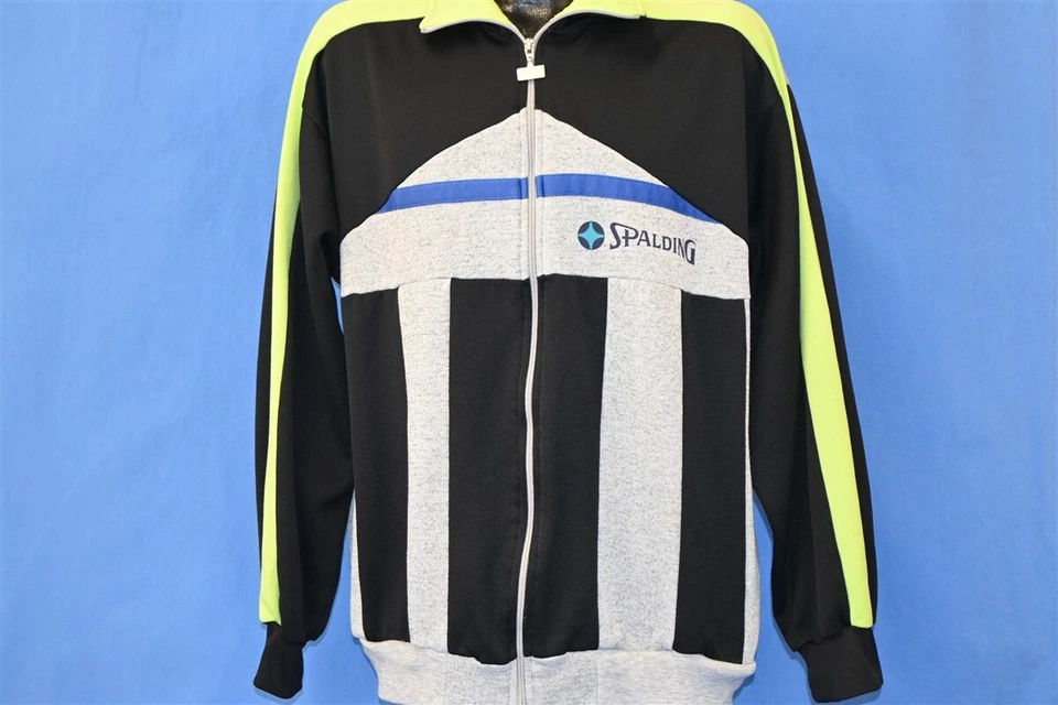 vintage 80s SPALDING BLACK GRAY NEON GREEN ZIPPER ZIP UP WARM UP TRACK JACKET L Foto 2 de 4