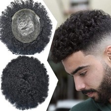 Mens Toupee Afro Curly Full Poly Skin African American Black Human Hairpiece