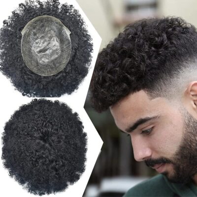 Afro Curl Mens Toupee Full Poly Skin Pu African American Human Hair Replacements