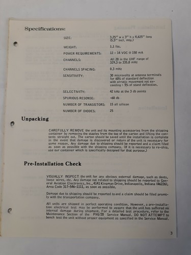 Genave PHI/20 Glideslope Receptor Manual de Mantenimiento 1971 Original - Imagen 4 de 12