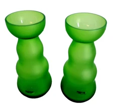 Vtg Set Of 2 Boda Shop Lime Green Satin Glass Bulbous Vases 6 5/8" Portugal EUC
