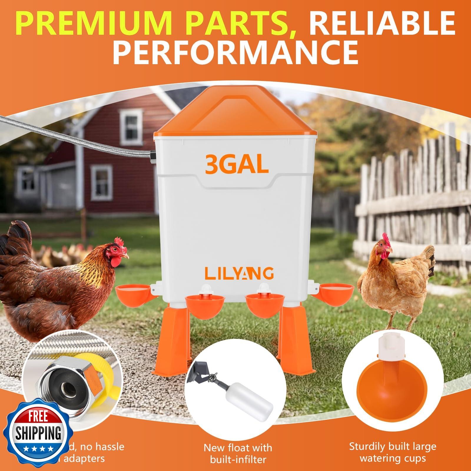 Lilyang Automatic Chicken Waterer 3 Gallon | Float-Control Poultry Waterer, H
