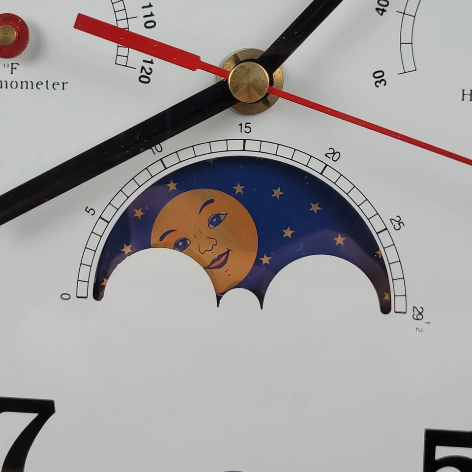 L.L. Bean Weather Station Wall Clock 11.75” Oak Frame Moon Thermometer Hygro - Image 4 of 4