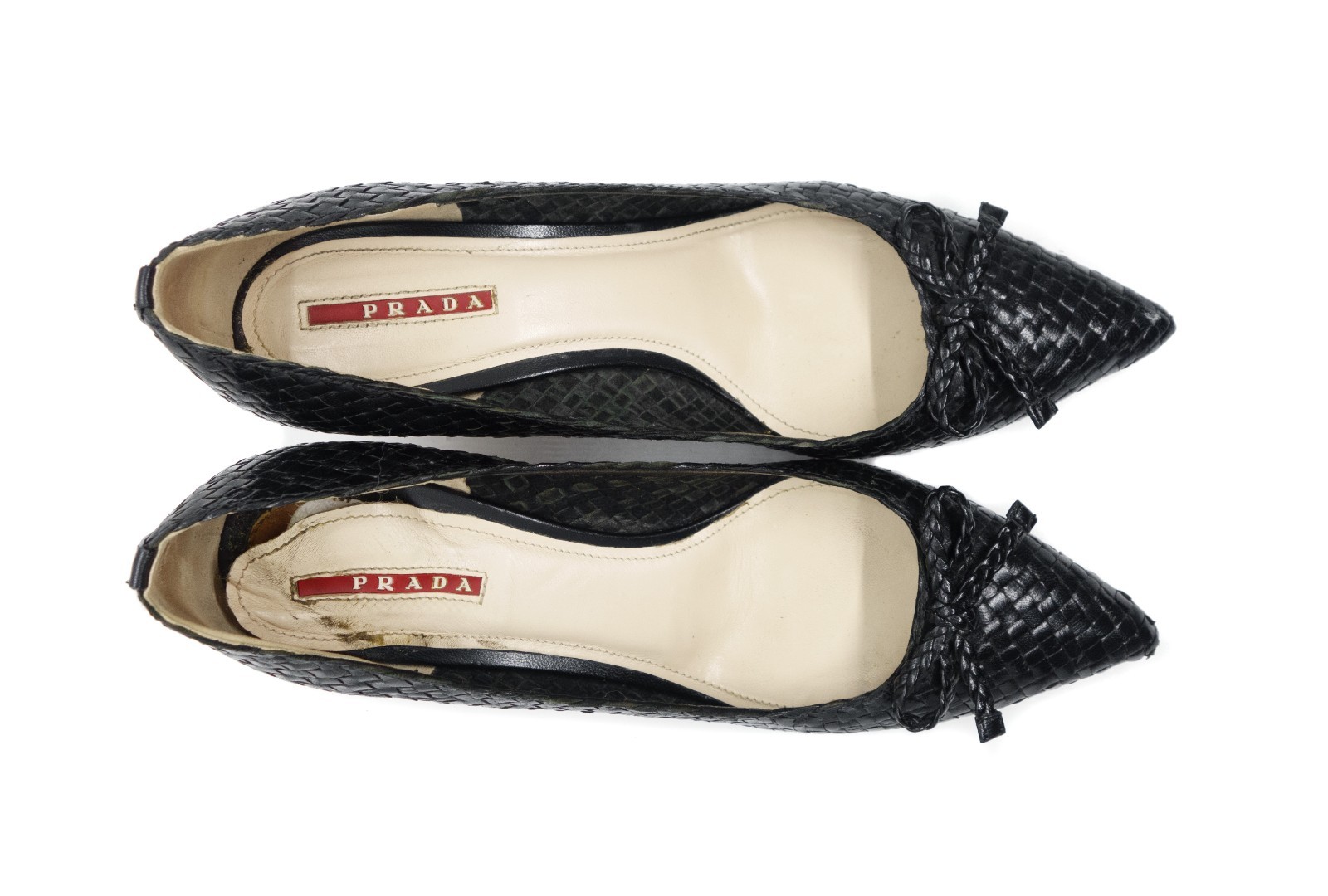Prada Woven Leather Bow Espadrille Wedge Pumps Vintage Y2K image 3