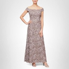 Alex Evenings Women's Long Rosette Off The Shoulder A-line Dress Mink Size 12