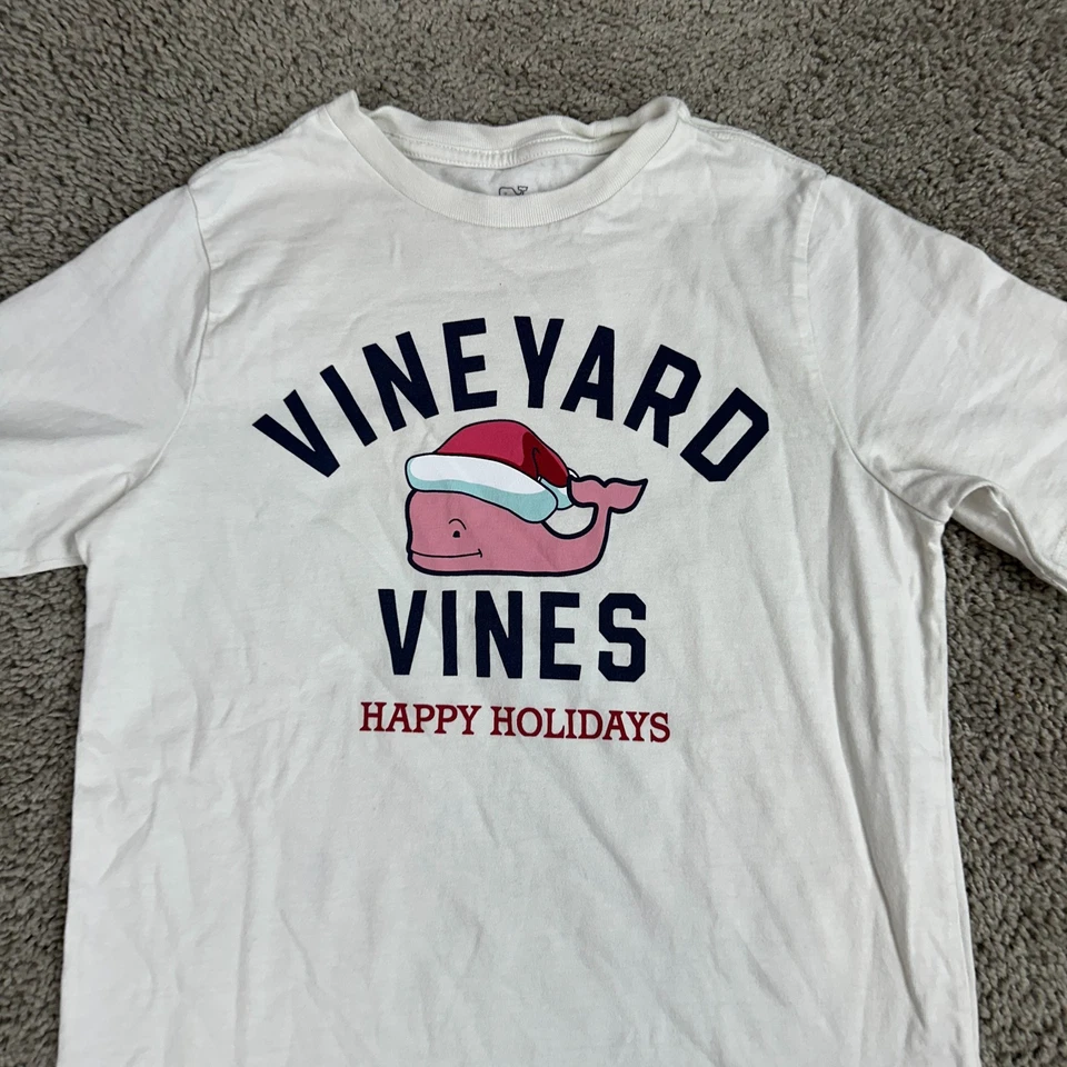 Vineyard vines Shirt Boys Small White Pink Happy Holidays Santa Whale Kids - Image 3 of 4