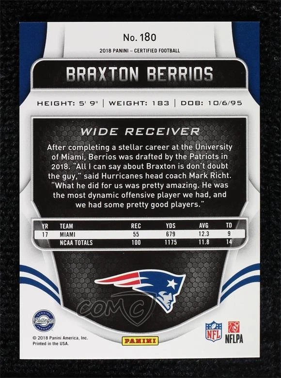 2018 Certified Rookies Mirror Gold /25 Braxton Berrios #180 Rookie RC - Image 2 of 2