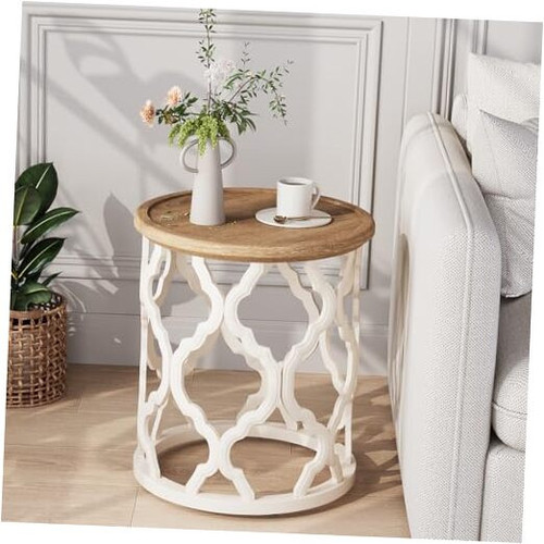 Farmhouse End Table, 17.7'' Round French Country Side Table, Distressed Tray