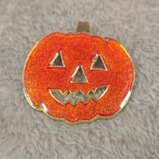 Vintage Halloween Jack-O-Lantern Pumpkin Brooch Orange Glitter Enamel Gold Tone