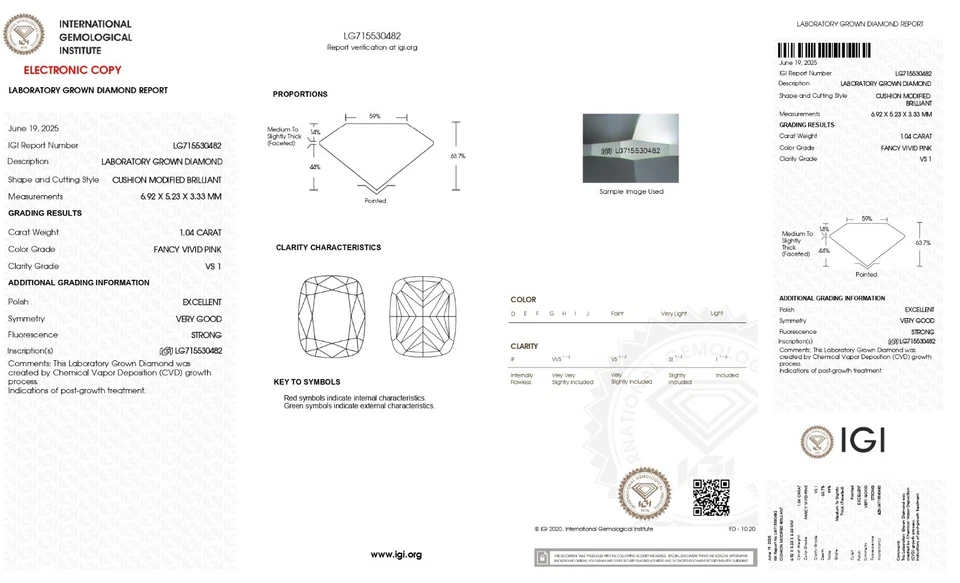 Cushion 1.04ct Fancy Vivid  Pink VS1 IGI CVD Loose Lab Grown Diamond - Image 2 of 3