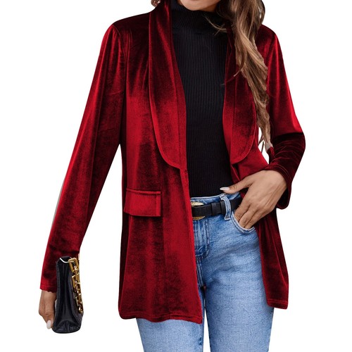 Damen Samt Cardigan Blazer Büro Arbeit Kurzmantel Anzugjacke mit Tasche - Bild 15 von 34