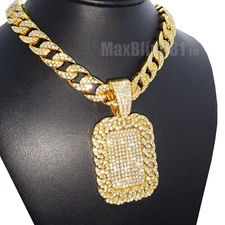 Cubic Zirconia Bling Large Dog Tag pendant 18" Iced Cuban Choker Chain Necklace