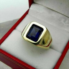 4Ct Emerald Cut Blue Sapphire Men's Engagement Pinky Ring 14K Yellow Gold Finish