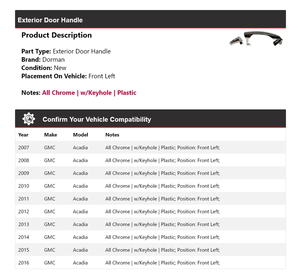 Manija de puerta exterior delantera izquierda para GMC Acadia Dorman 2007-2016 2008 2009 2010 Foto 2 de 4