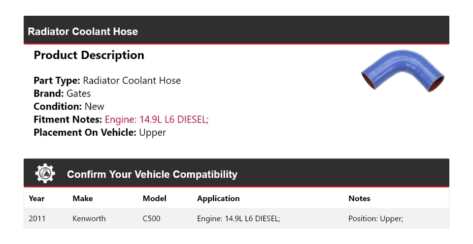 Manguera de refrigerante de radiador diésel Kenworth C500 2011 14,9 L L6 puertas superiores Foto 2 de 4