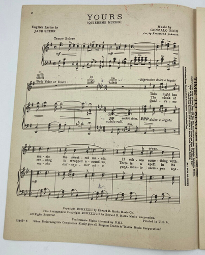 1932 Sheet Music Yours-Quiereme Mucho Juan Arvizu Jack Sherr Gonzalo Roig - Picture 2 of 5