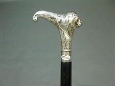 VINTAGE SILVER LION HEAD WOODEN HANDLE ANTIQUE WALKING STICK BRASS CANE DESIGNER