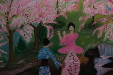 Картина маслом Женщины в цветущем саду сакуры  Фигуратив Люди  Пейзаж Японии  Ко