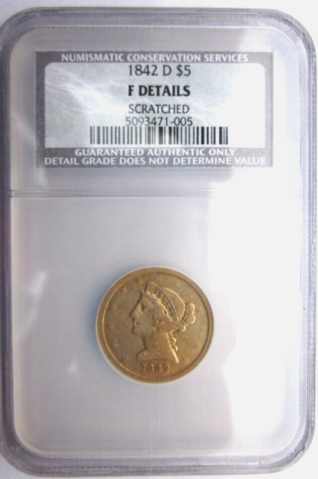 1842-D LIBERTY HEAD HALF EAGLE $5 DOLLAR GOLD COIN NGC SERV RARE