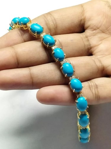 6Ct Oval Sleeping Beauty Turquoise Womens Tennis Bracelet 14K Yellow Gold Plated - Picture 3 of 6
