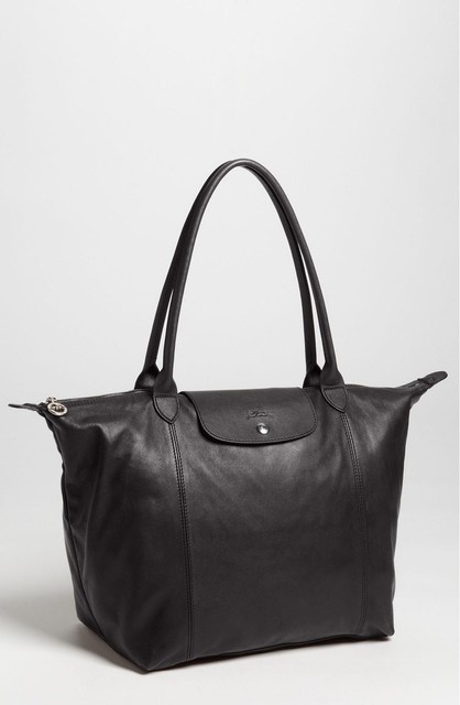 Longchamp Le Pliage Cuir Leather Tote Bag Black Silver Made In Longchamp Le Pliage Cuir Leather Tote Bag Black Silver Made In France