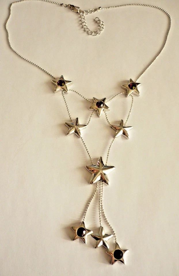 40 - 47 cm aubergine silber Statement Collier Strass Kette Stern ModeSchmuck NEU - Bild 3 von 4
