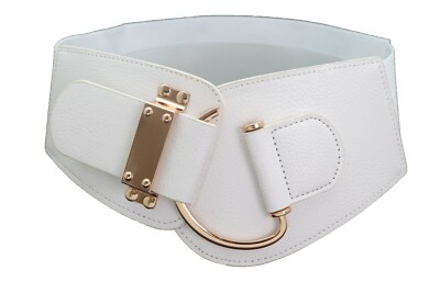 Women White Wide Elastic Band Belt Gold Metal Hook Buckle