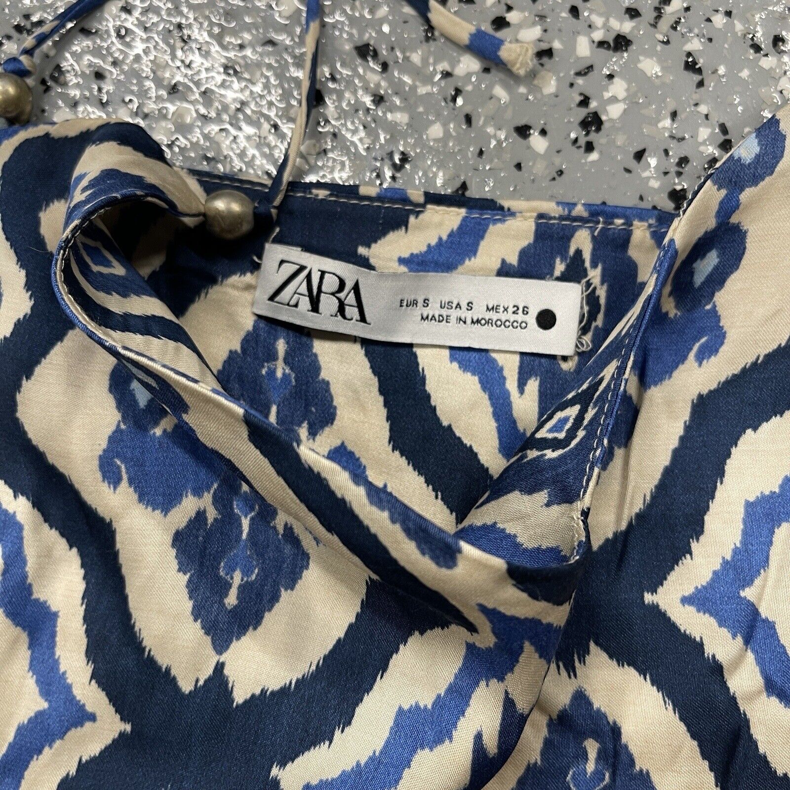 Zara Printed Silky Satin Tie Tank Top Small Blue … - image 6