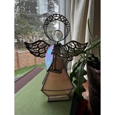 Vintage Stained Glass Angel Figurine Iridescent Pink Harp Metal Wings 6 inch