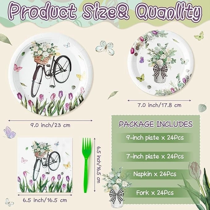 Suministros de fiesta de cumpleaños de tulipán de primavera - 96 piezas, platos, servilletas, tenedores Foto 2 de 4