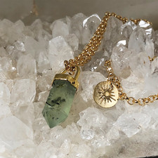 22 ct gold belcher chain necklace with green pointed prehnite pendant by Mirabel