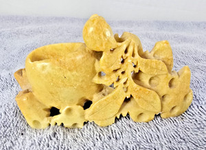 Vintage Hand Carved Soapstone Decorative Vessel 7.5x4” Floral Motif