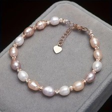 Freshwater Pearls Women's Elegant Minimalist Bracelet w Heart-Shaped Charm