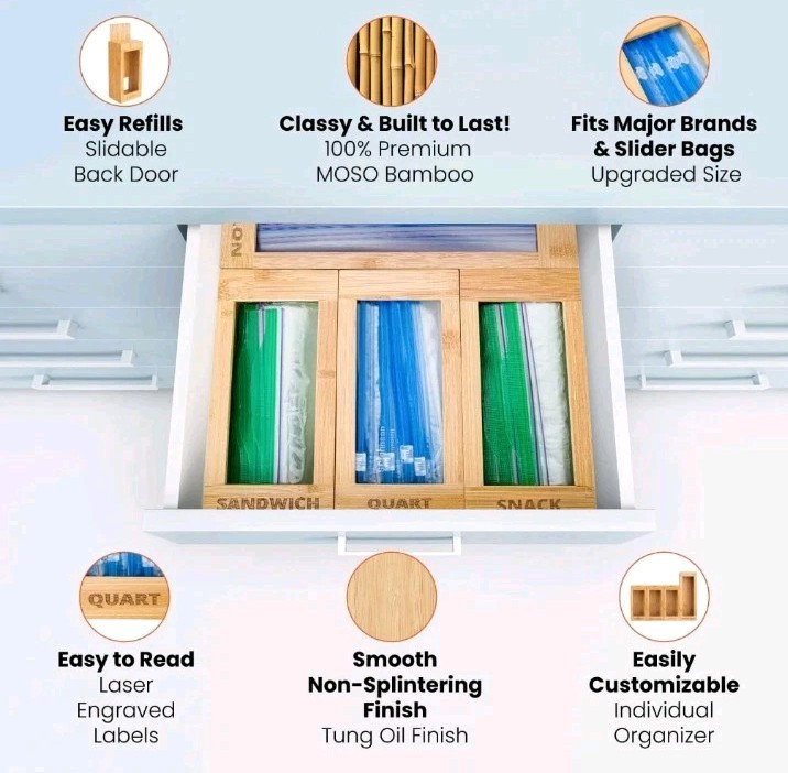 home aid zip Bag Storage Organizer Bamboo Food Plastic Baggie Holder Kitchen Kit alternate view 5
