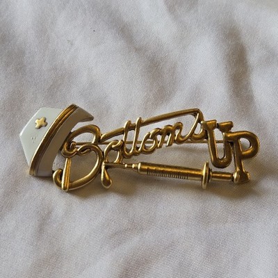 Vtg Bottoms Up Spellout Nursing Brooch Enamel Gold Tone Signed AJC