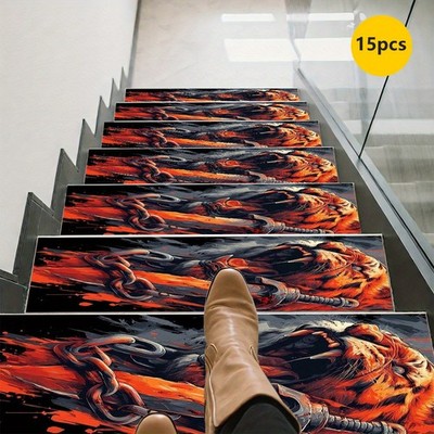 [Rubber Anti-Slip Mat] 15pcs Red And Black Textured Pattern Printed Stair Mats