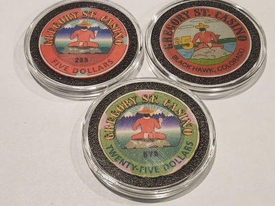 #ad GREGORY ST CASINO $25 amp; $5 Casino Chips **Lot of 3** BLACK HAWK CO Obsolete $22.00