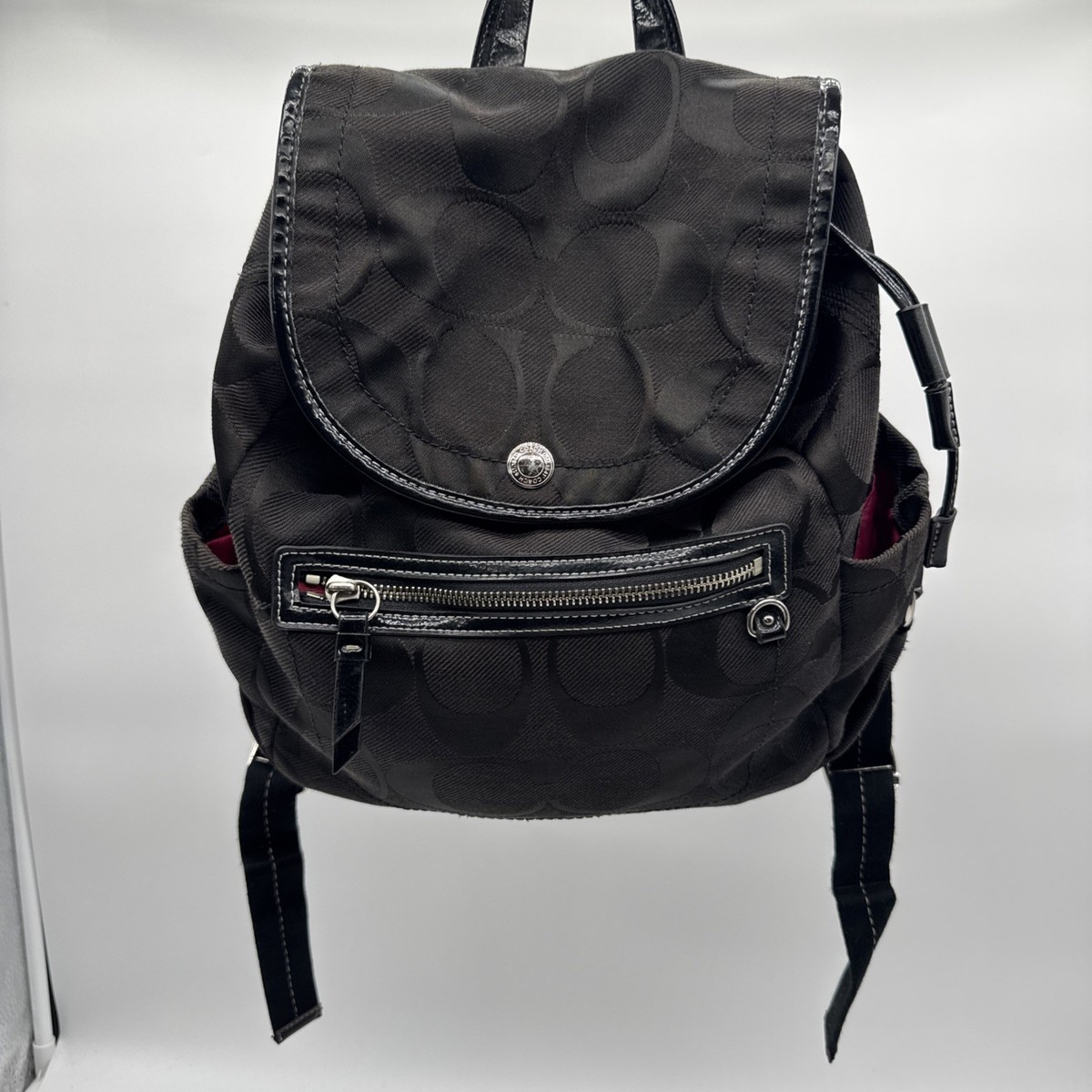 Coach F16548 Signature Black Nylon Backpack Drawstring Flap Pink