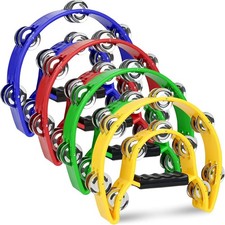 4 Pack Double Row Tambourine for Adults, 9" Half Moon Tambourines Multicolor