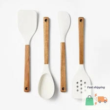 4pc Silicone Kitchen Utensil Set Natural Wood - Figmint™