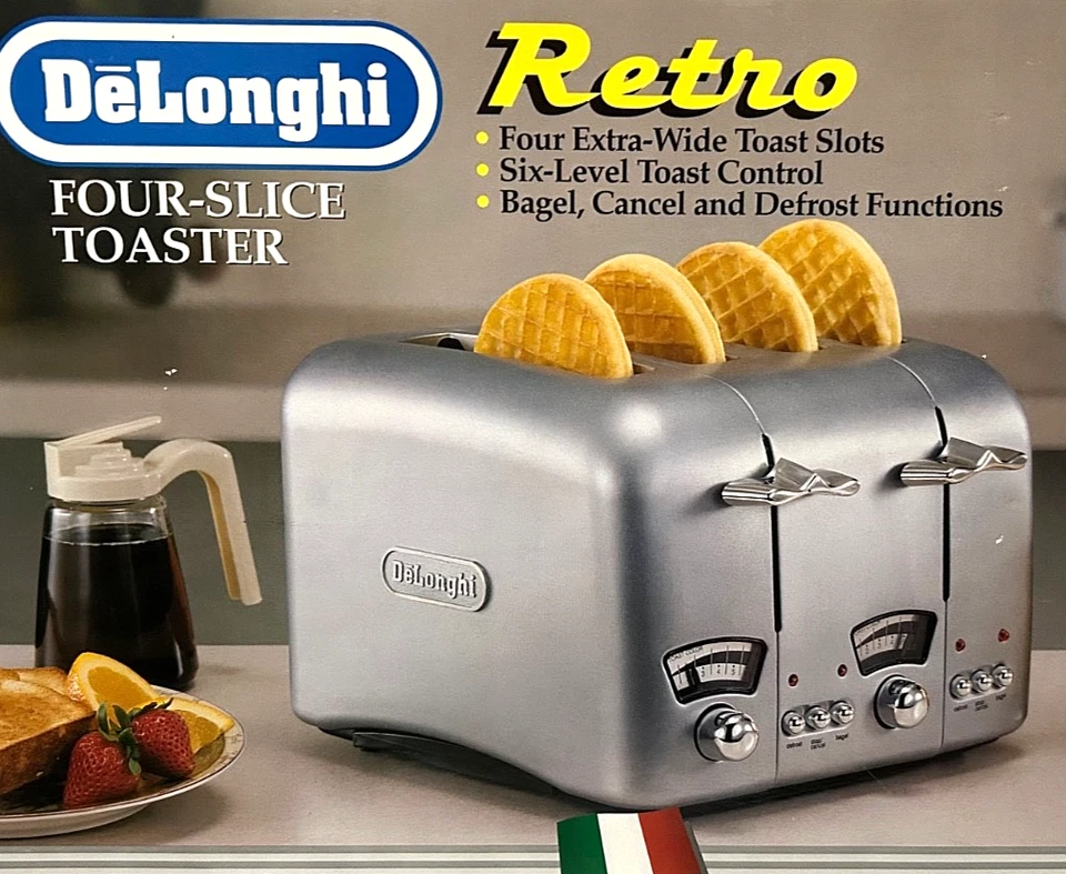 NEW IN BOX DeLonghi RT400 Retro 4-Slice Toaster /Bagel /Defrost - Wide/Long Slot - Image 4 of 4