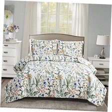Floral Quilt Sets Size Reversible Countryside Bedspread King Cyan Leaves