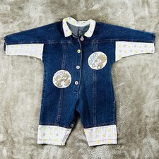 Vtg 6-9m 80s Numbears Denim Toddler Jumpsuit Bear Pastel Coverall Romper Girls
