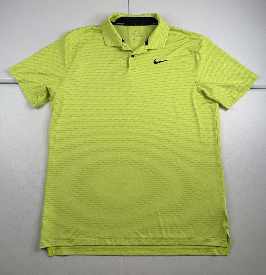 Polo de golf Nike amarillo neón cuello ventilado geométrico rendimiento elástico M ¡COMO NUEVO! Foto 2 de 4