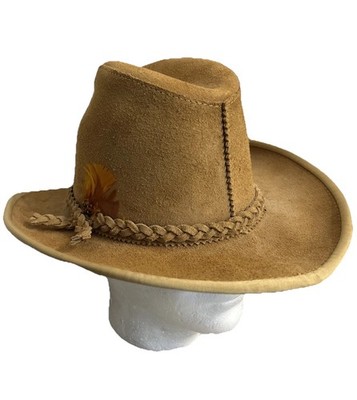 Vintage Henschel Skullys Camel Suede Leather Cowboy Hat Braided Trim Feather M